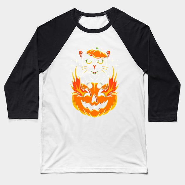 Traditional Cat with Pumpkin Tattoo Piece Baseball T-Shirt by radquoteshirts